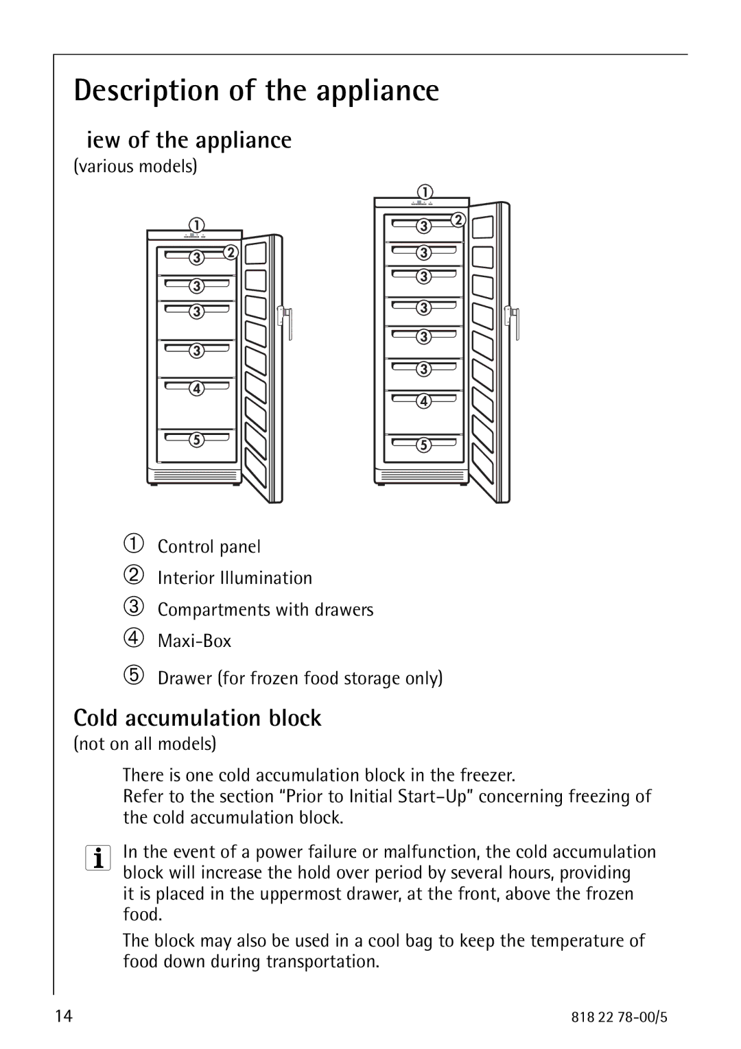 Electrolux 70310 GS manual Description of the appliance, View of the appliance, Cold accumulation block 