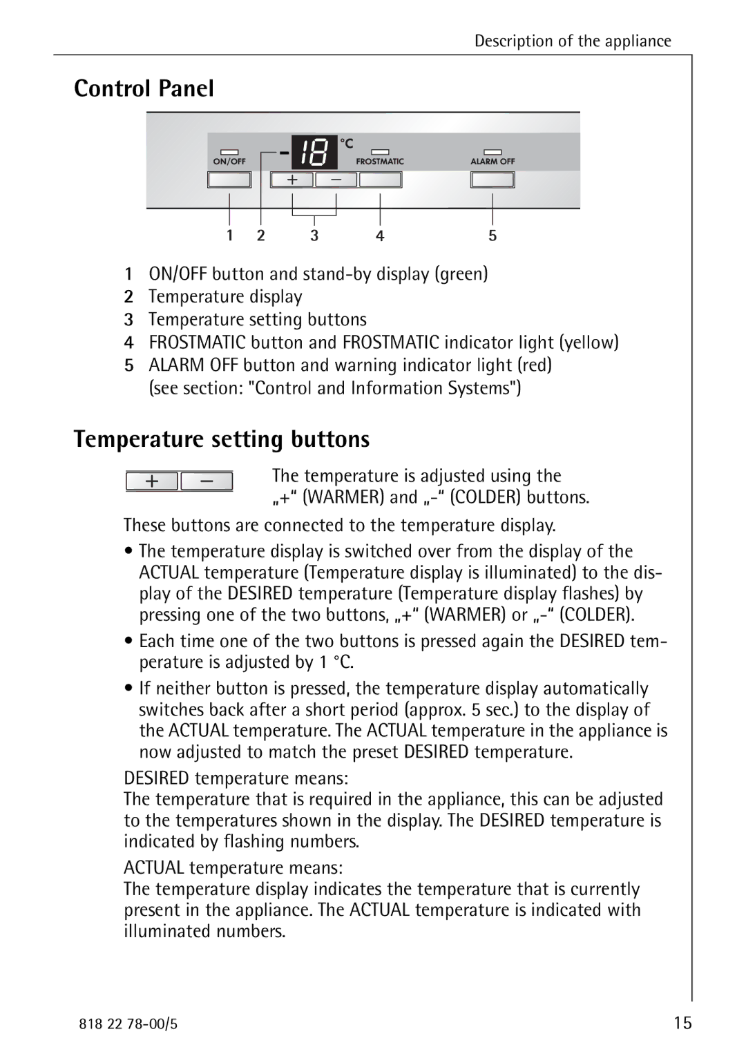 Electrolux 70310 GS manual Control Panel, Temperature setting buttons 