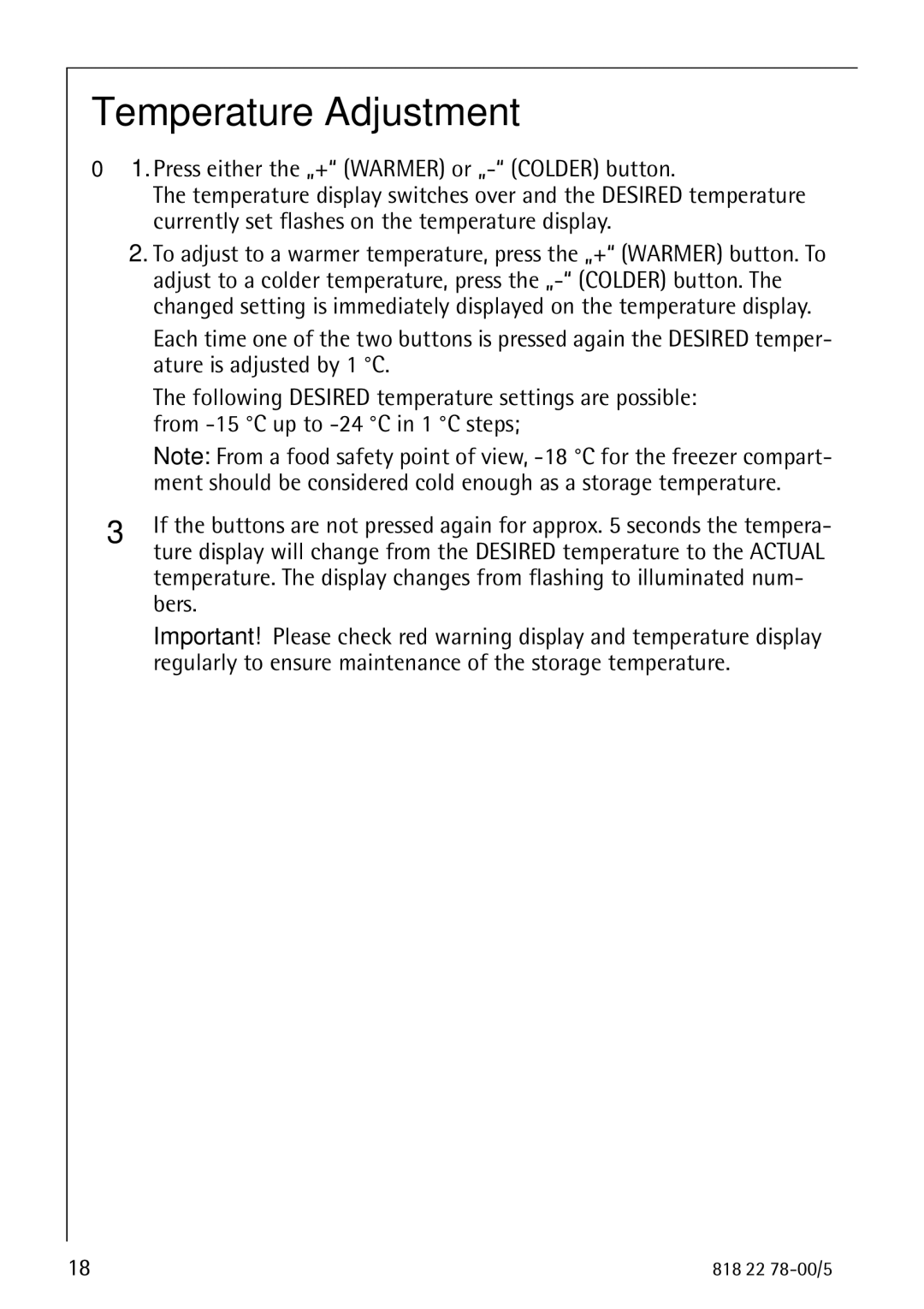 Electrolux 70310 GS manual Temperature Adjustment 