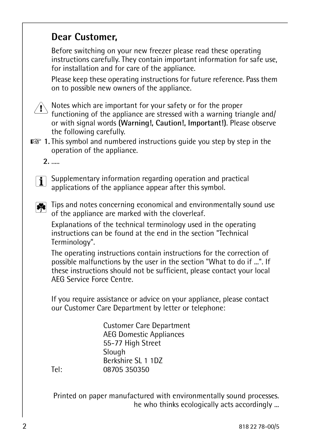 Electrolux 70310 GS manual Dear Customer 