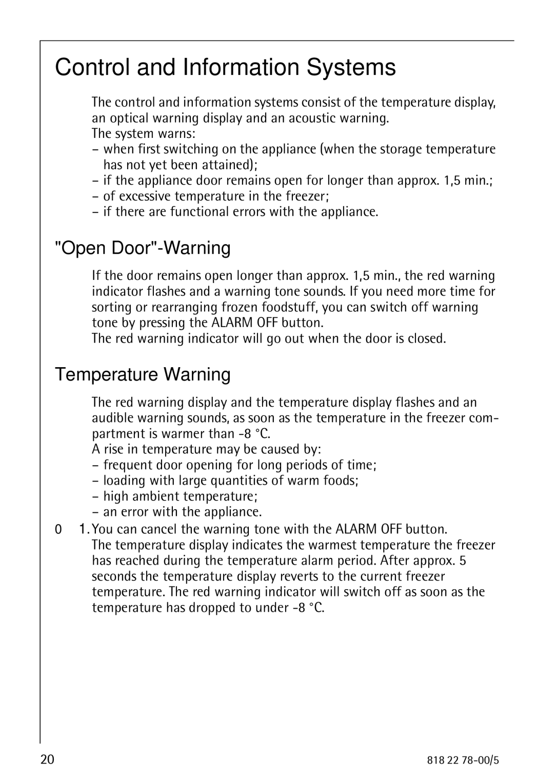 Electrolux 70310 GS manual Control and Information Systems, Open Door-Warning, Temperature Warning 