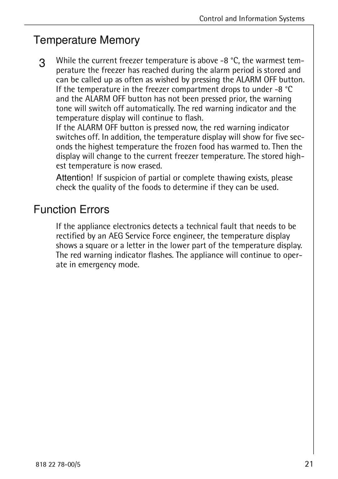 Electrolux 70310 GS manual Temperature Memory, Function Errors 