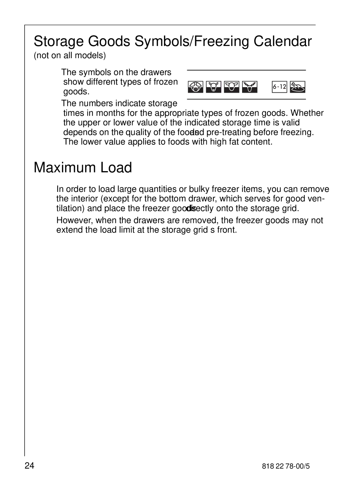 Electrolux 70310 GS manual Storage Goods Symbols/Freezing Calendar, Maximum Load 