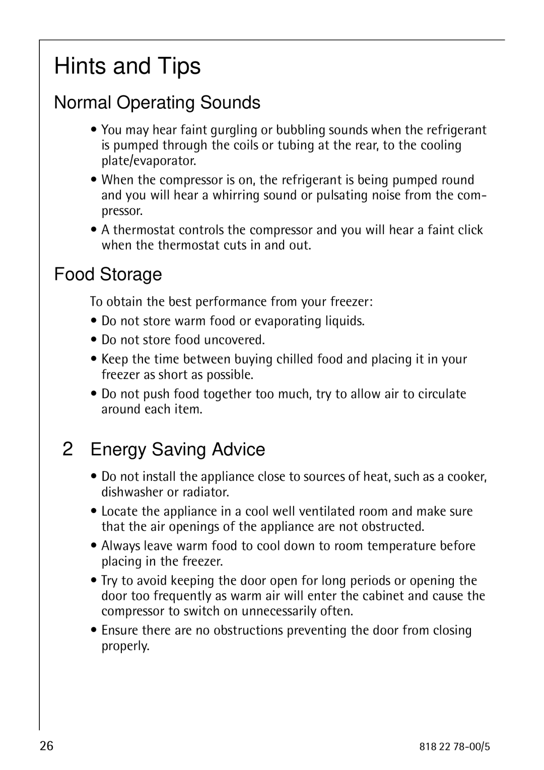 Electrolux 70310 GS manual Hints and Tips, Normal Operating Sounds, Food Storage, Energy Saving Advice 