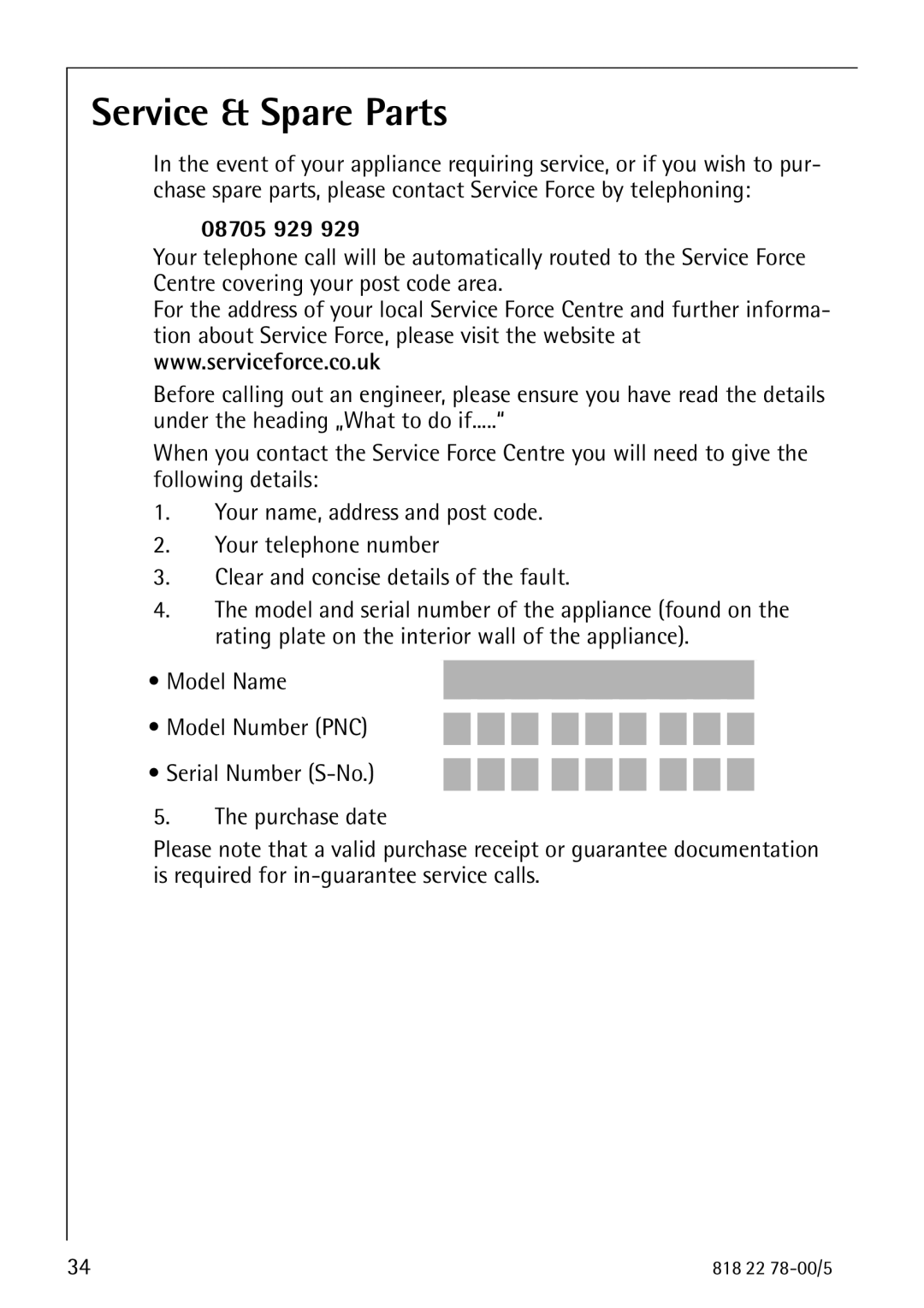 Electrolux 70310 GS manual Service & Spare Parts, 08705 929 