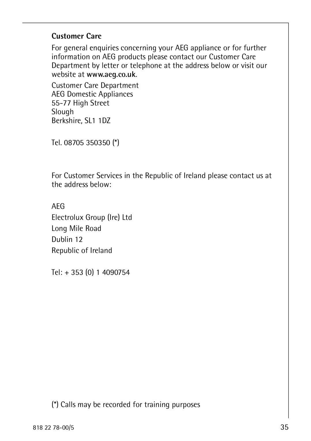 Electrolux 70310 GS manual Customer Care, Aeg 