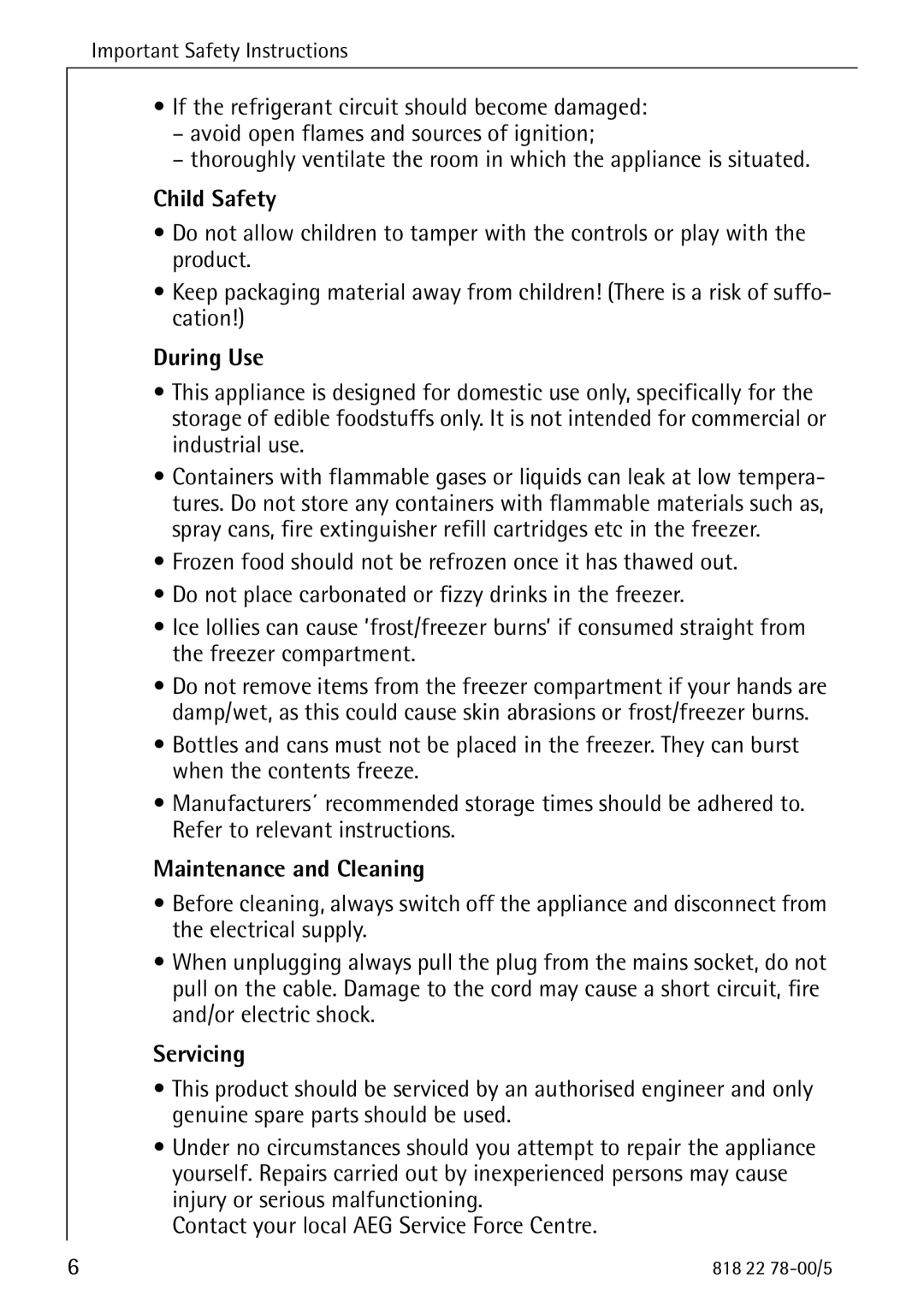 Electrolux 70310 GS manual Child Safety, During Use, Maintenance and Cleaning, Servicing 