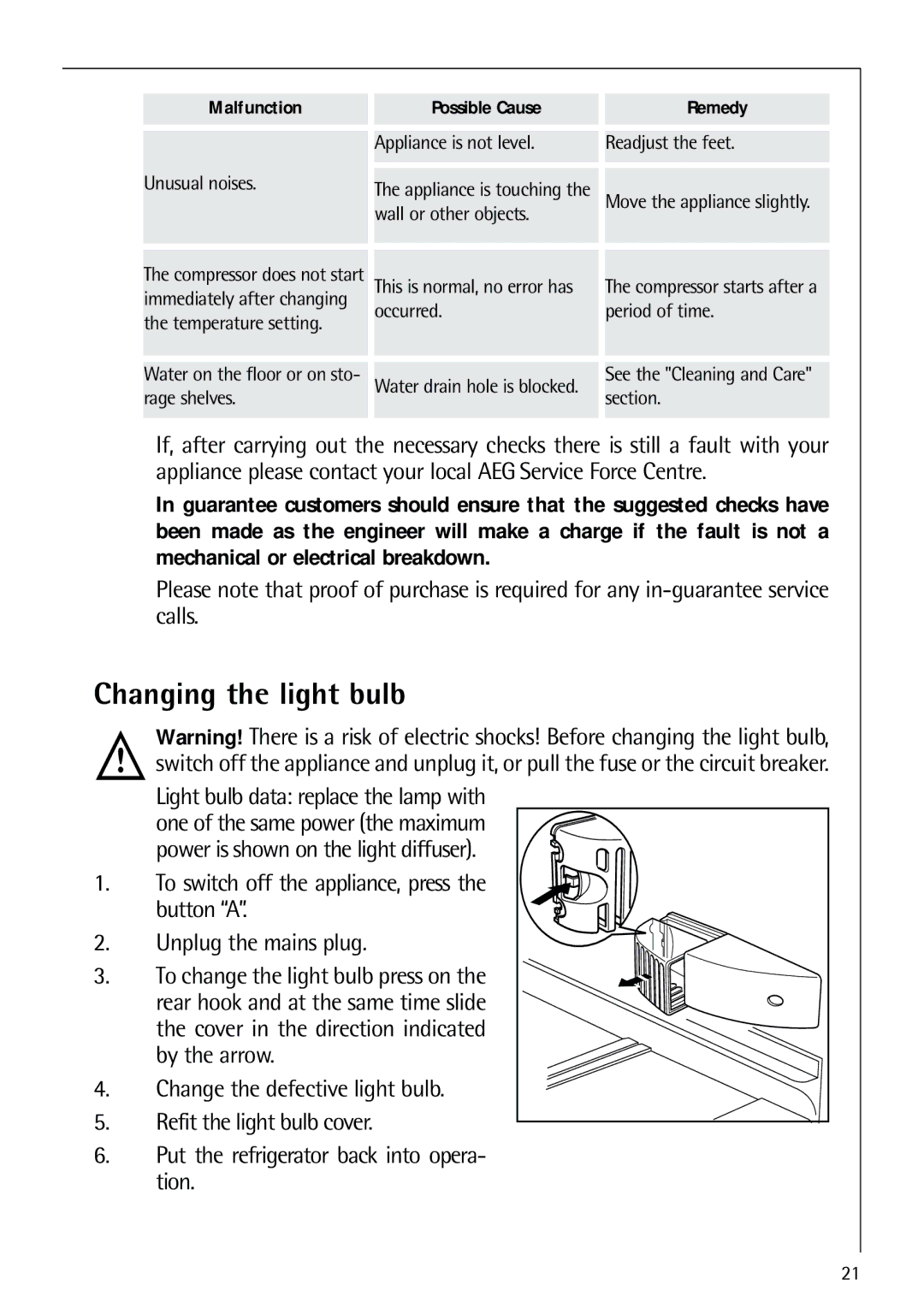 Electrolux 70318-5 KG user manual Changing the light bulb 