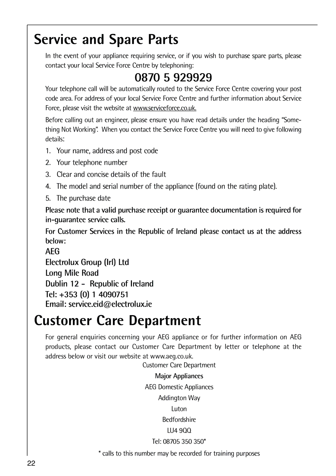 Electrolux 70318-5 KG user manual Service and Spare Parts, Customer Care Department 