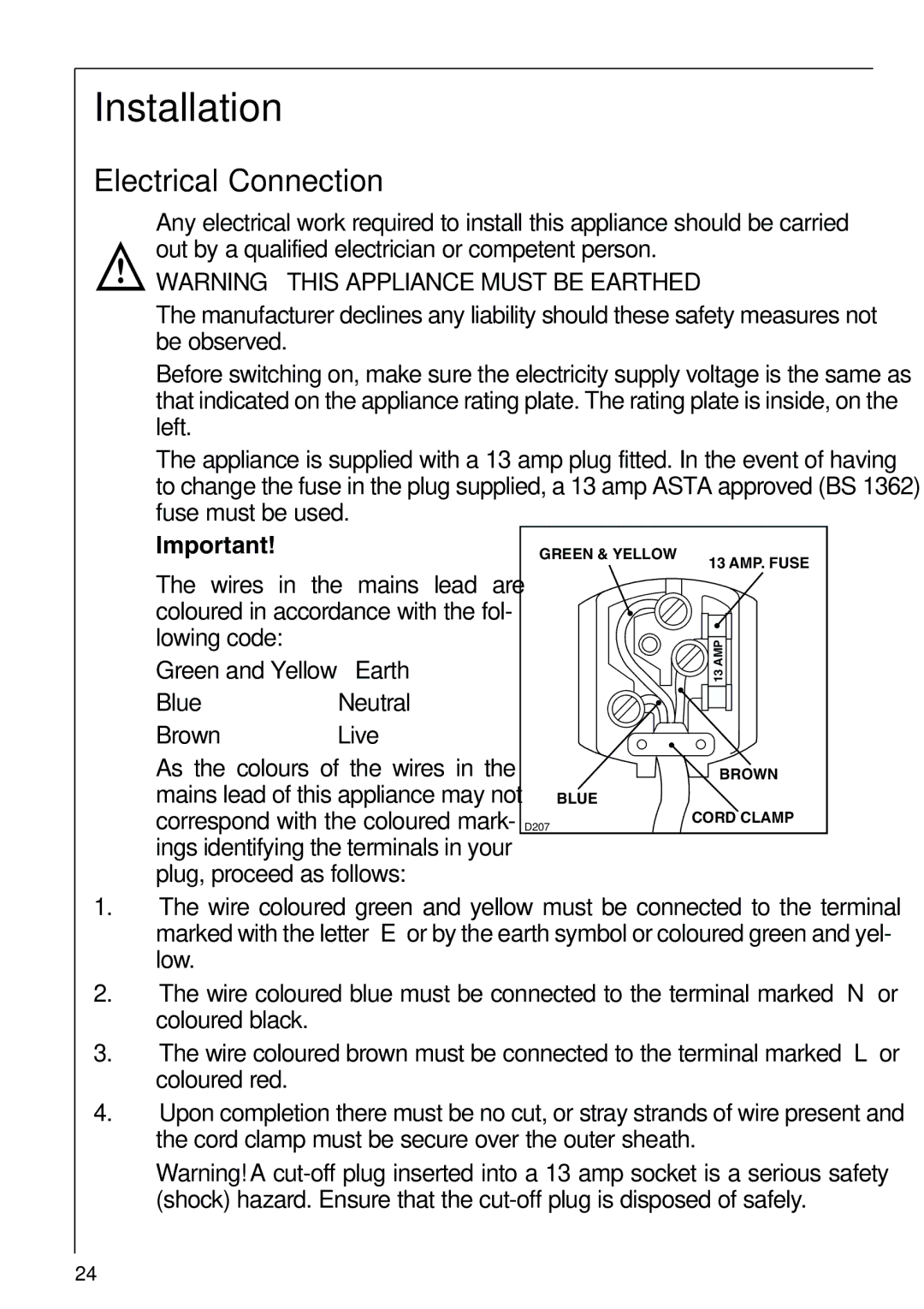 Electrolux 70318-5 KG user manual Installation, Electrical Connection 