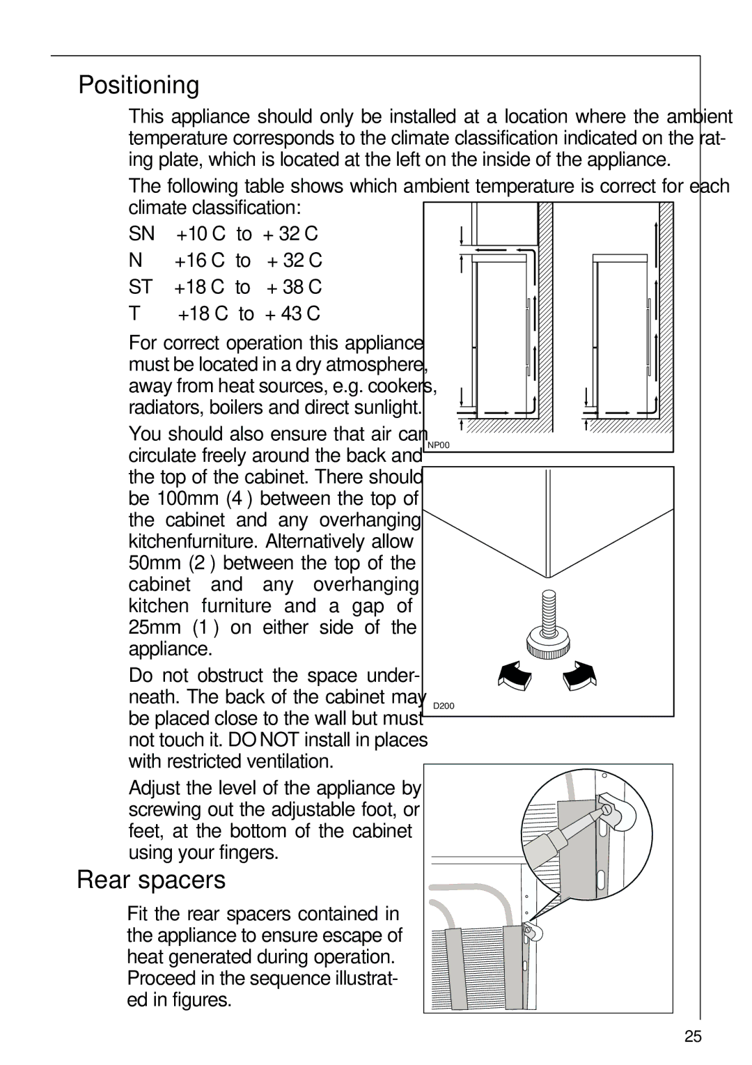 Electrolux 70318-5 KG user manual Rear spacers, Positioning 