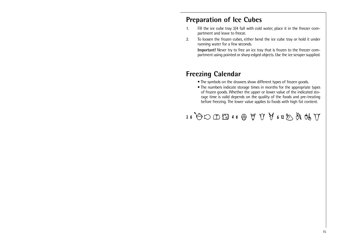 Electrolux 70318 KG operating instructions Preparation of Ice Cubes, Freezing Calendar 