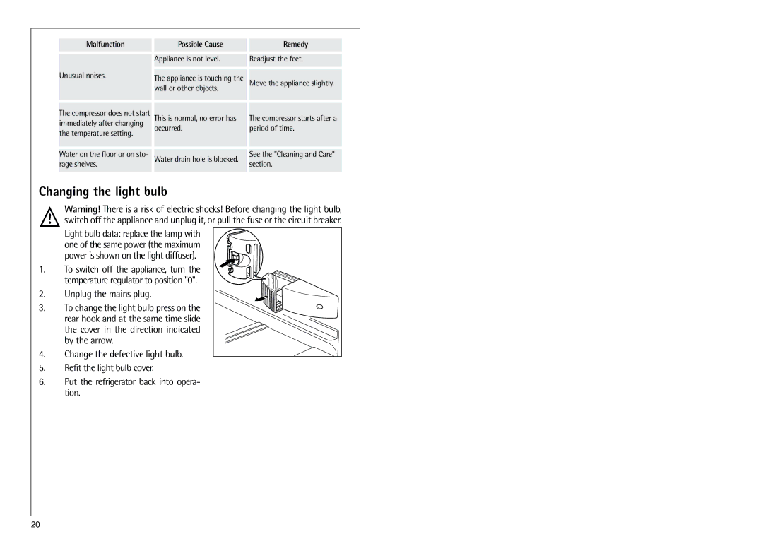 Electrolux 70318 KG operating instructions Changing the light bulb 