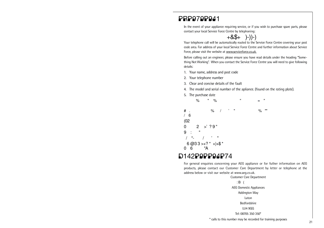 Electrolux 70318 KG operating instructions Service and Spare Parts, Customer Care Department 