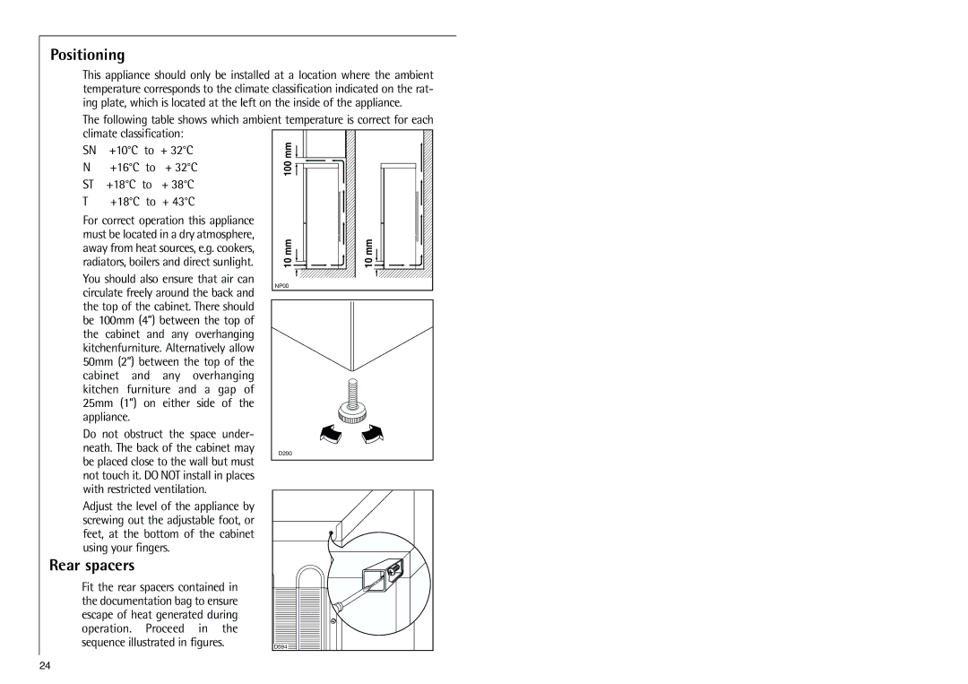 Electrolux 70318 KG operating instructions Rear spacers, Positioning 