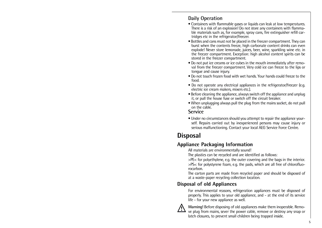 Electrolux 70318 KG Daily Operation, Service, Appliance Packaging Information, Disposal of old Appliances 