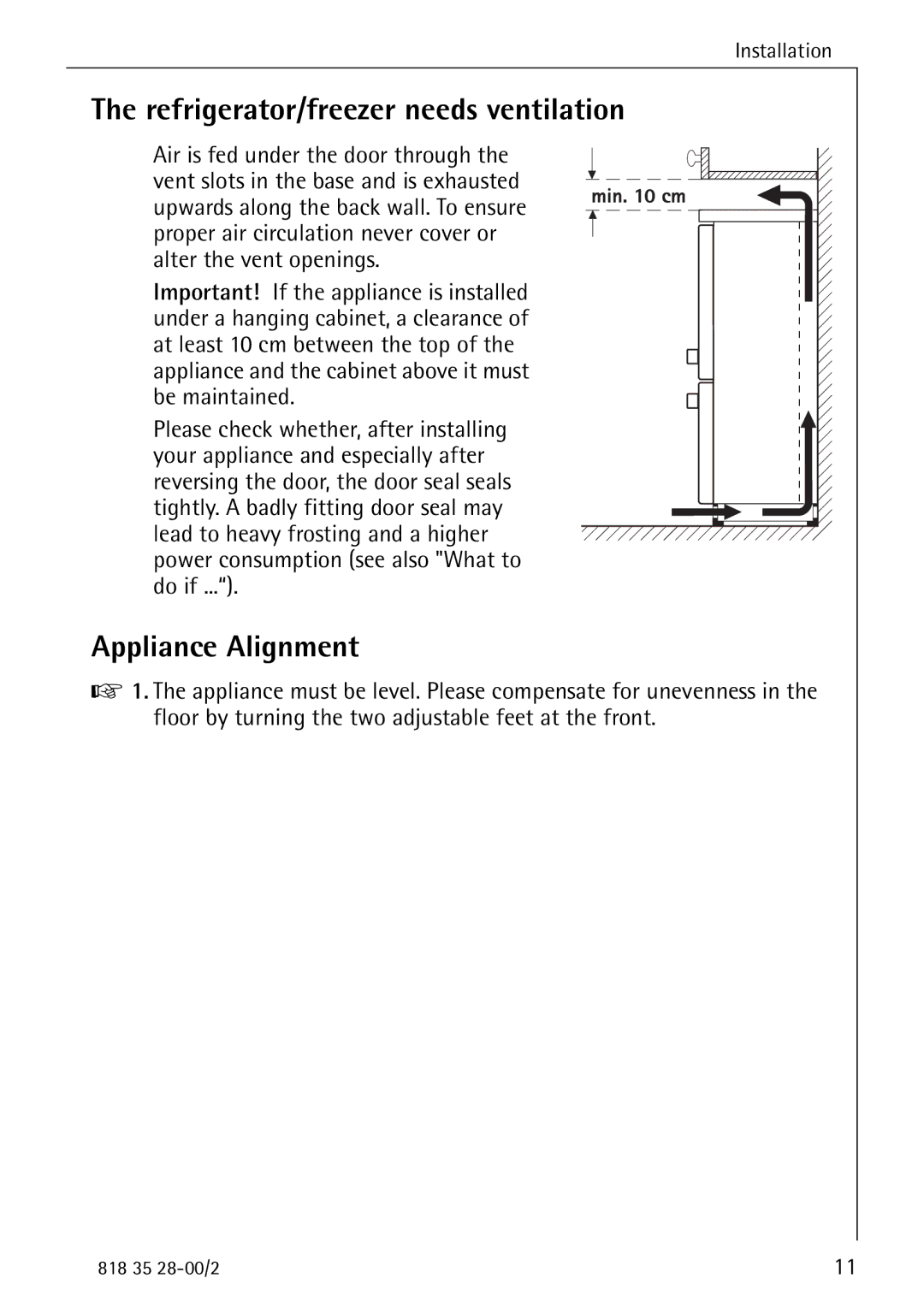 Electrolux 70322 KG manual Refrigerator/freezer needs ventilation, Appliance Alignment 