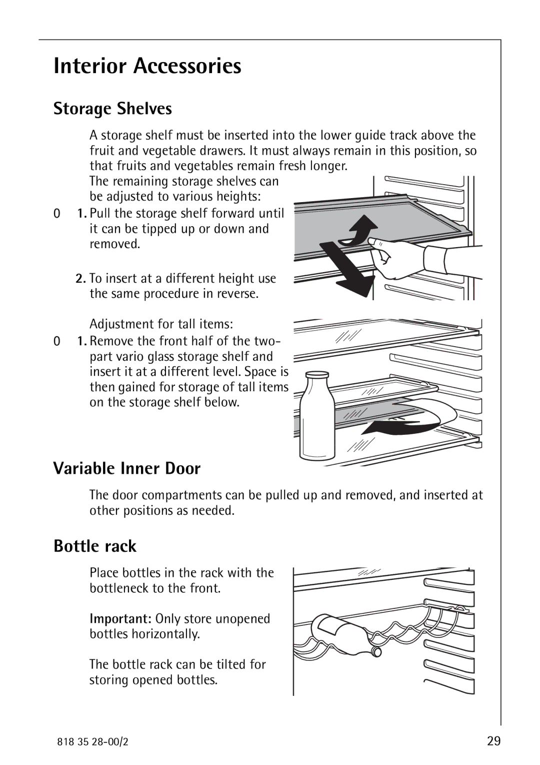 Electrolux 70322 KG manual Interior Accessories, Storage Shelves, Variable Inner Door, Bottle rack 