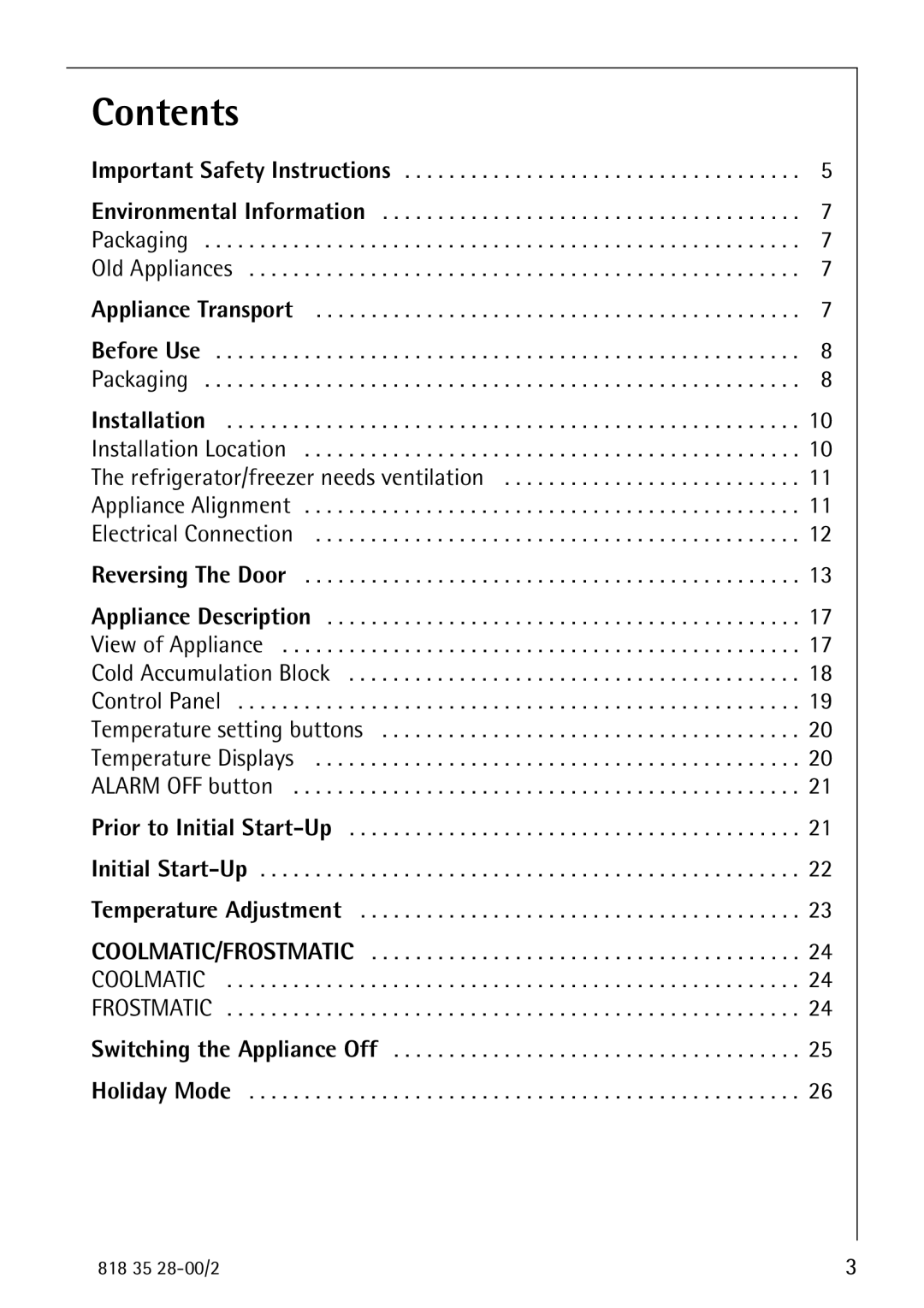 Electrolux 70322 KG manual Contents 