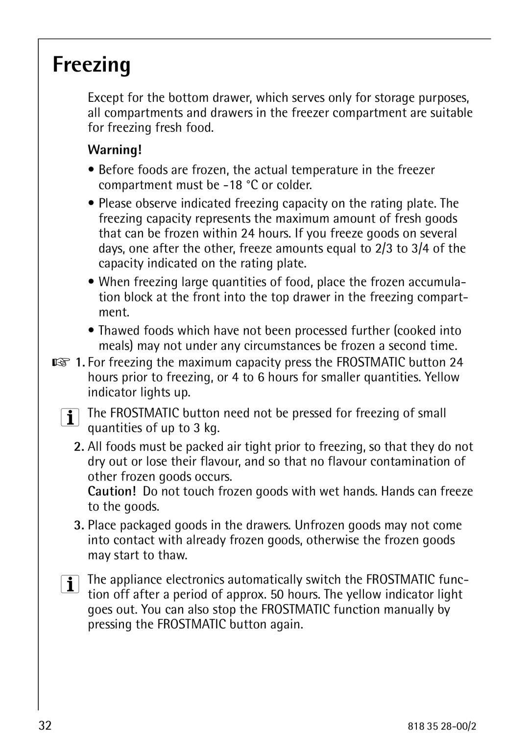 Electrolux 70322 KG manual Freezing 