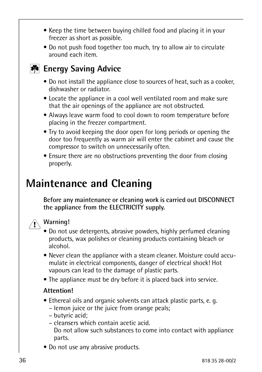 Electrolux 70322 KG manual Maintenance and Cleaning, Energy Saving Advice 