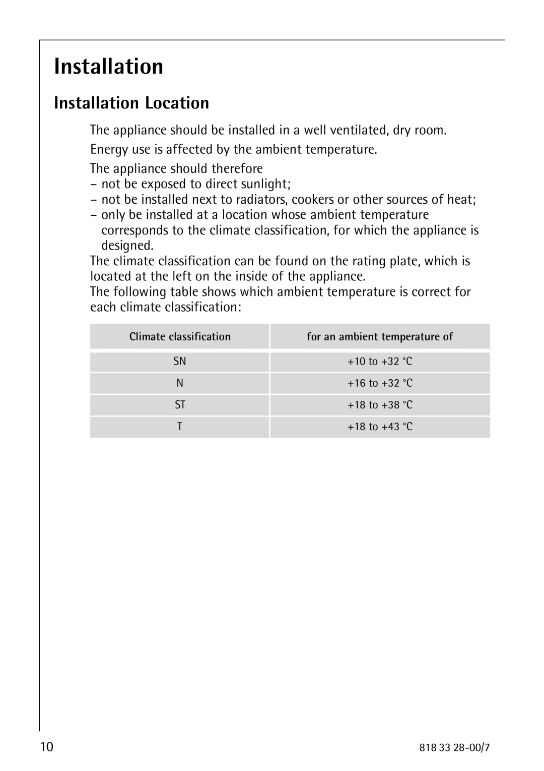 Electrolux 72348 KA manual Installation Location 