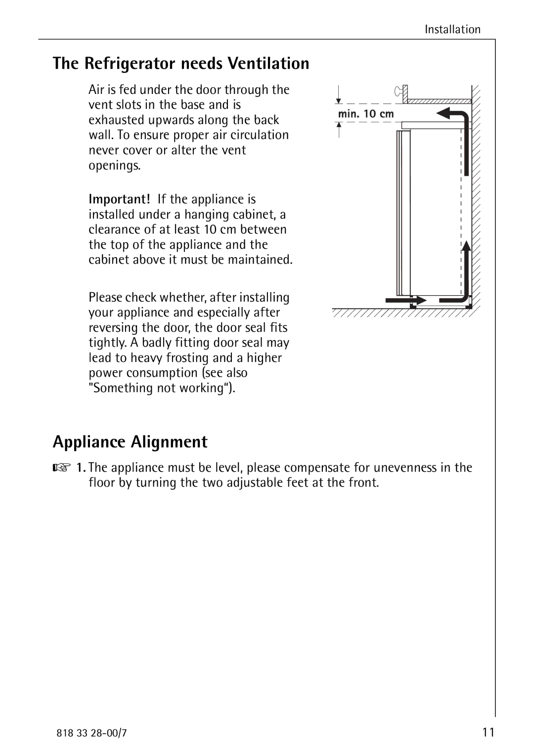 Electrolux 72348 KA manual Refrigerator needs Ventilation, Appliance Alignment 