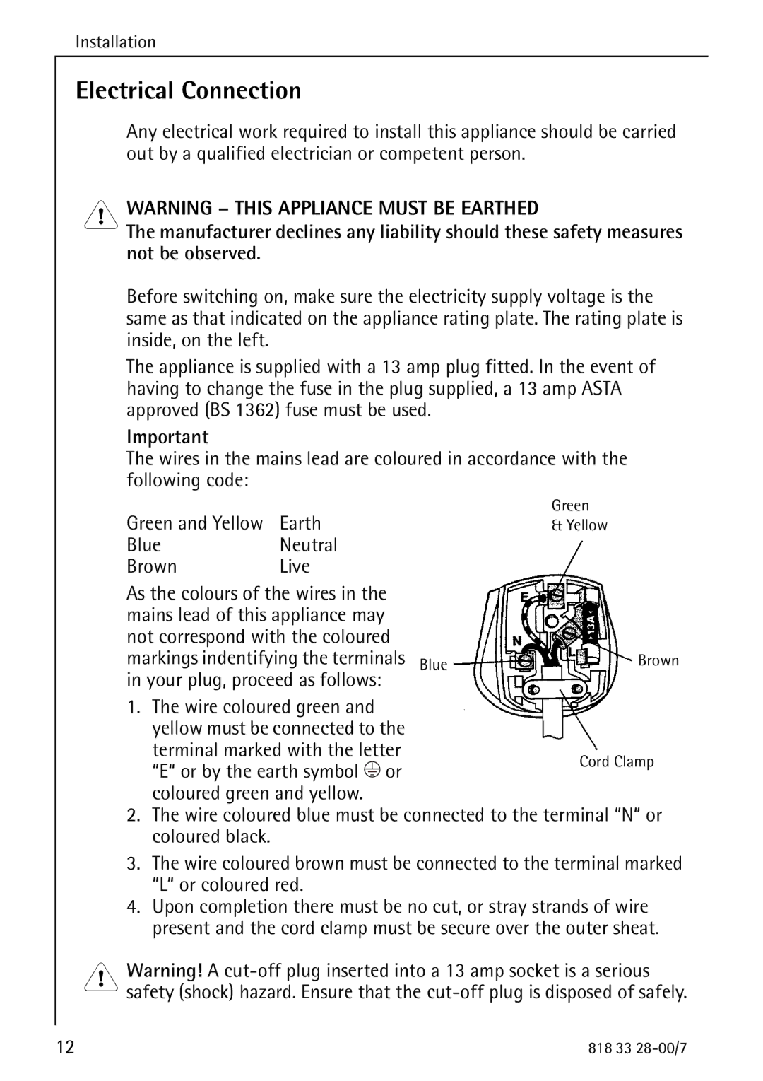 Electrolux 72348 KA manual Electrical Connection, Earth 