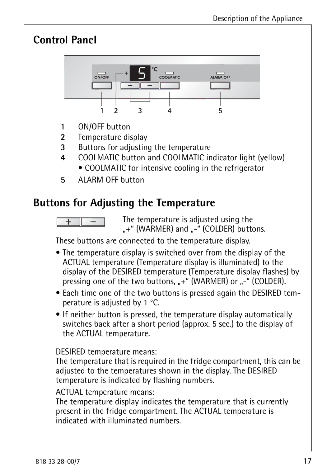 Electrolux 72348 KA manual Control Panel, Buttons for Adjusting the Temperature 