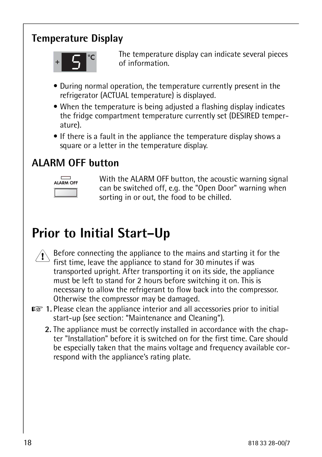 Electrolux 72348 KA manual Prior to Initial Start-Up, Temperature Display, Alarm OFF button 