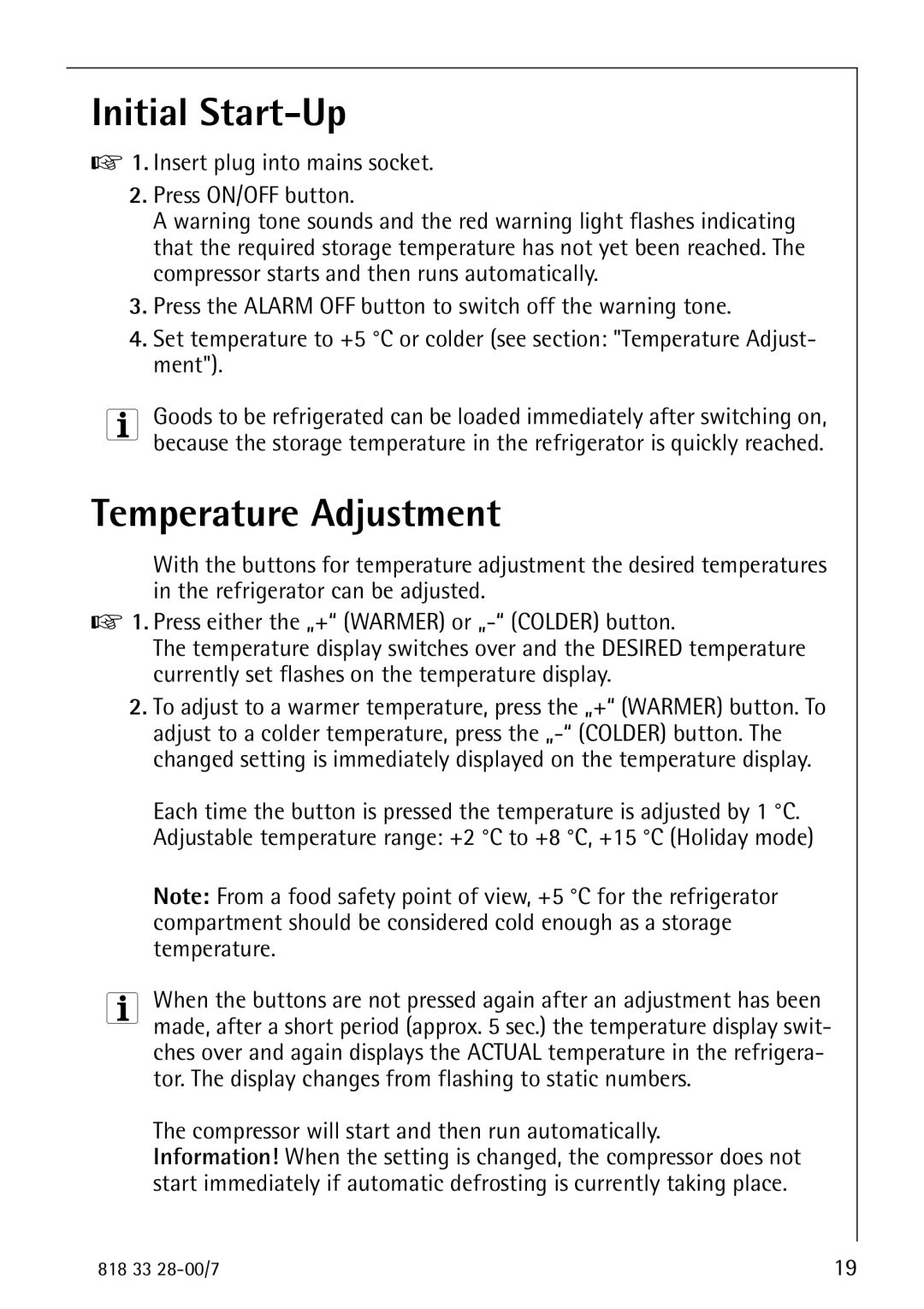 Electrolux 72348 KA manual Initial Start-Up, Temperature Adjustment, Compressor will start and then run automatically 