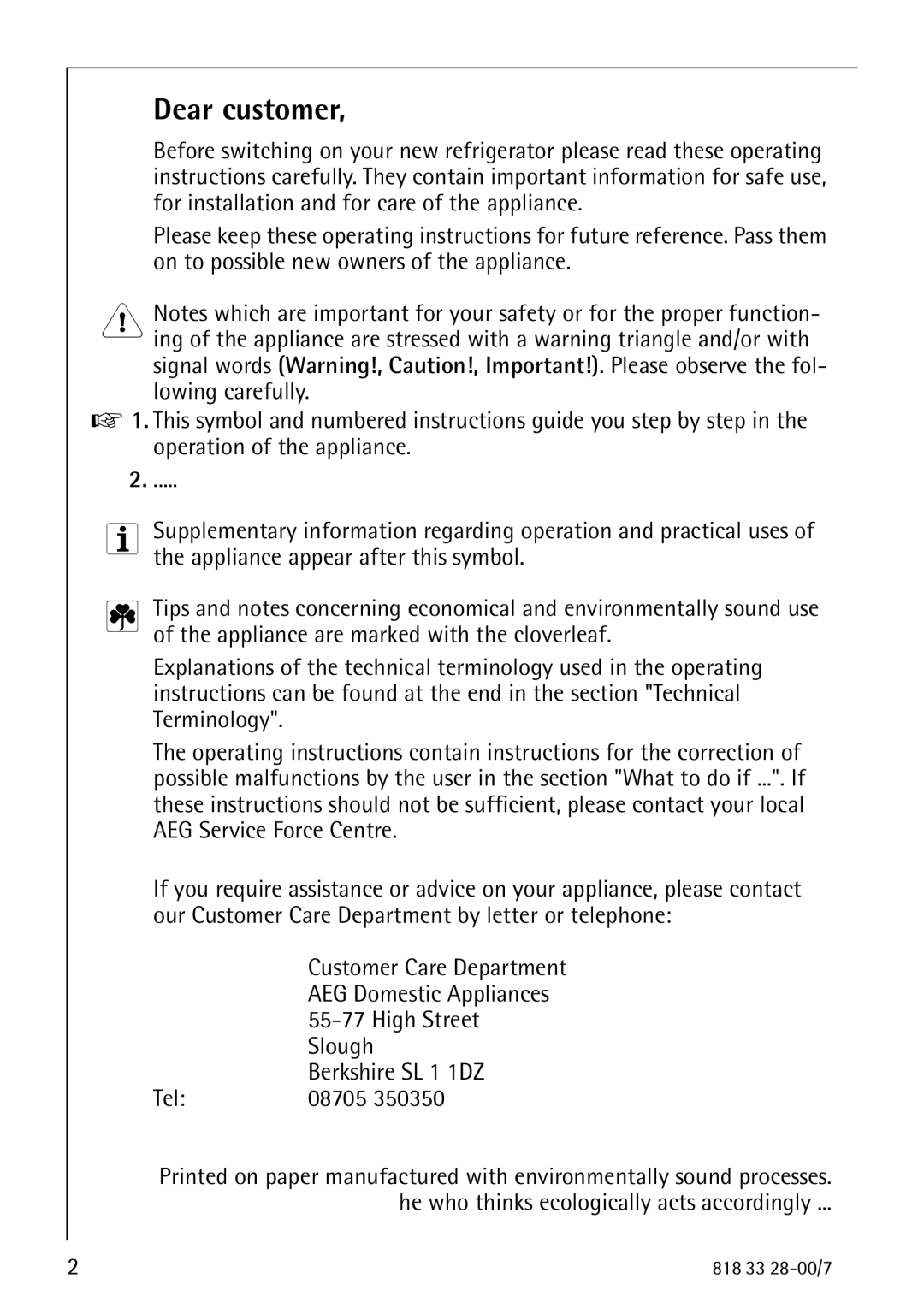 Electrolux 72348 KA manual Dear customer, High Street, Slough, Berkshire SL 1 1DZ 