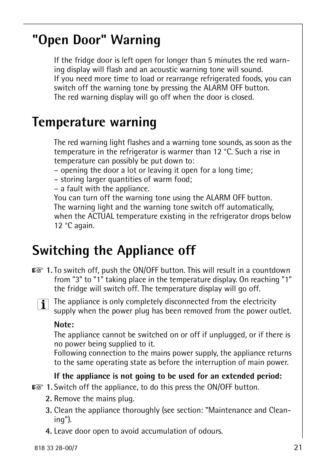 Electrolux 72348 KA manual Open Door Warning, Temperature warning, Switching the Appliance off 