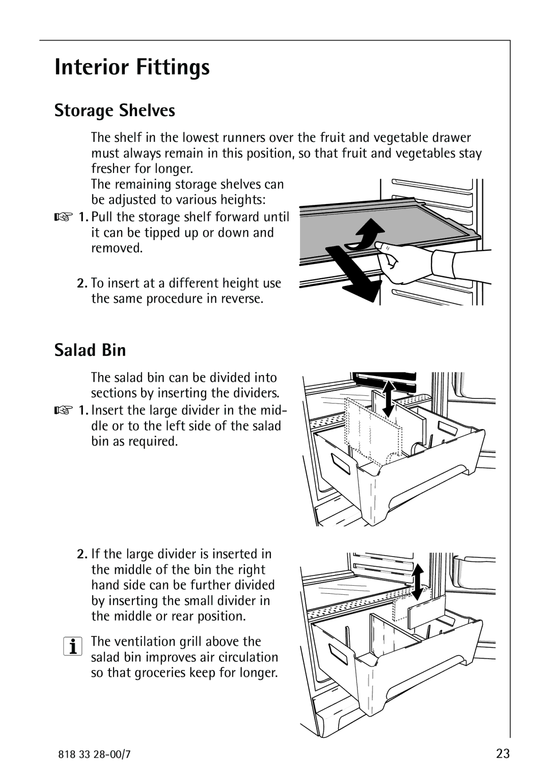 Electrolux 72348 KA manual Interior Fittings, Storage Shelves, Salad Bin 