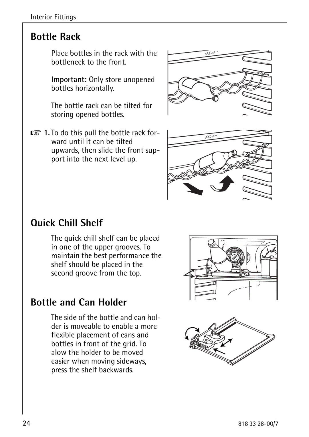 Electrolux 72348 KA manual Bottle Rack, Quick Chill Shelf, Bottle and Can Holder 