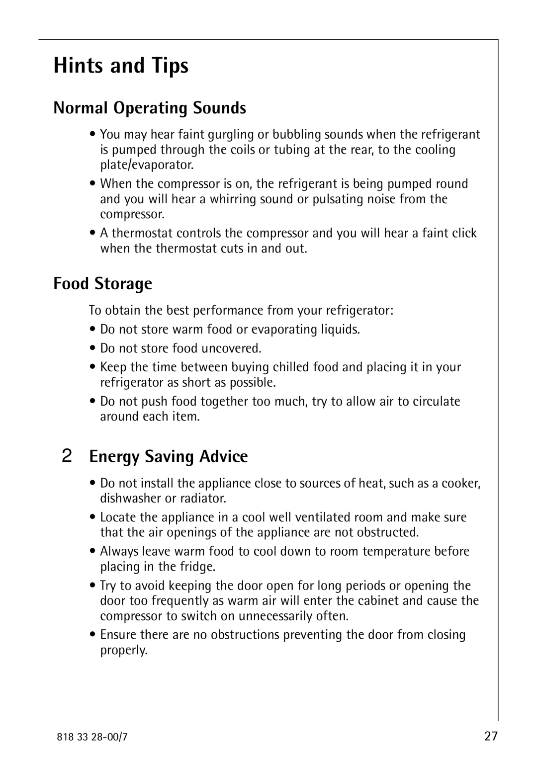 Electrolux 72348 KA manual Hints and Tips, Normal Operating Sounds, Food Storage, Energy Saving Advice 