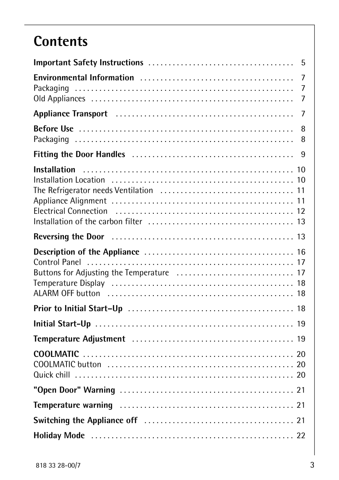 Electrolux 72348 KA manual Contents 