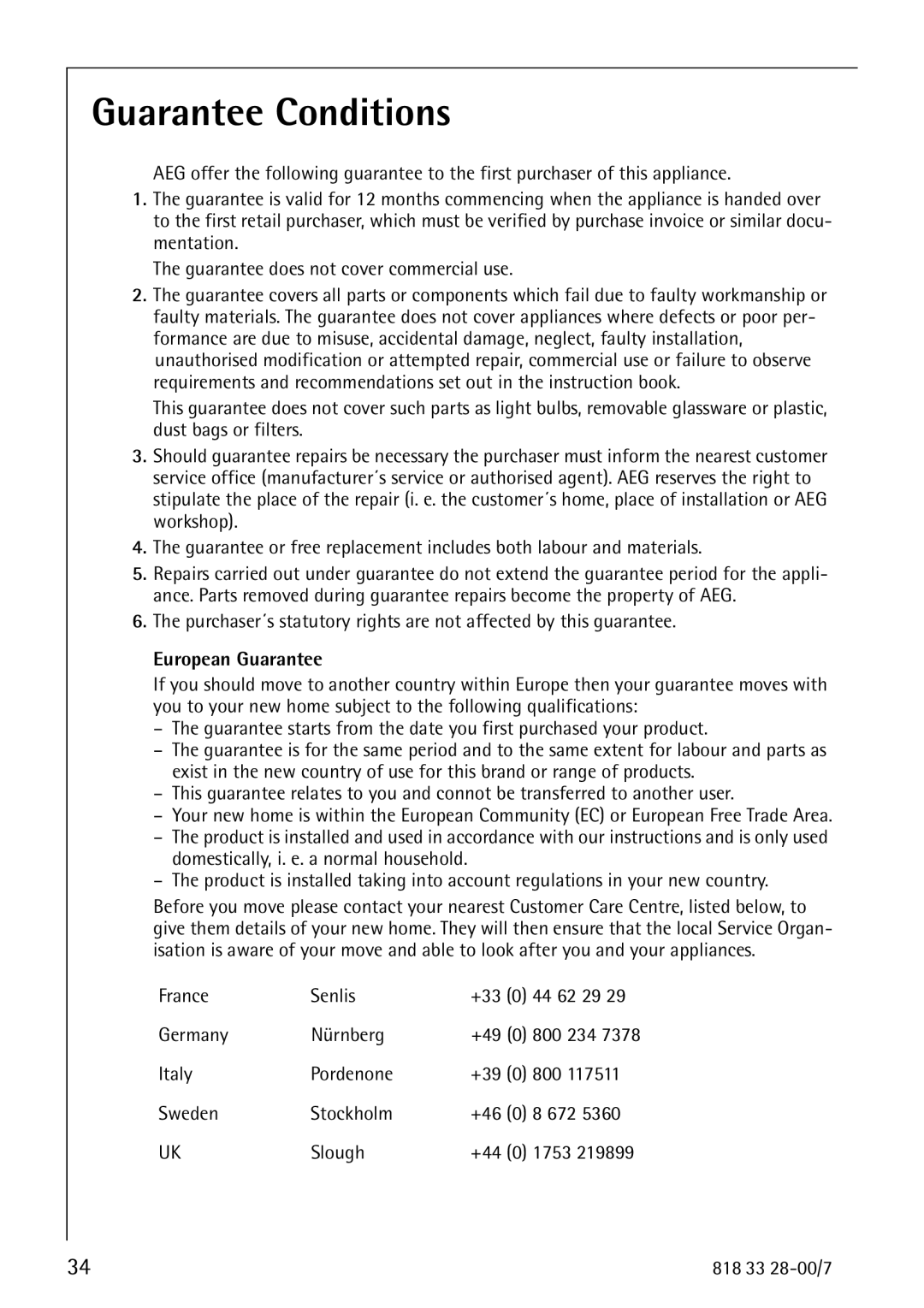 Electrolux 72348 KA manual Guarantee Conditions, European Guarantee 