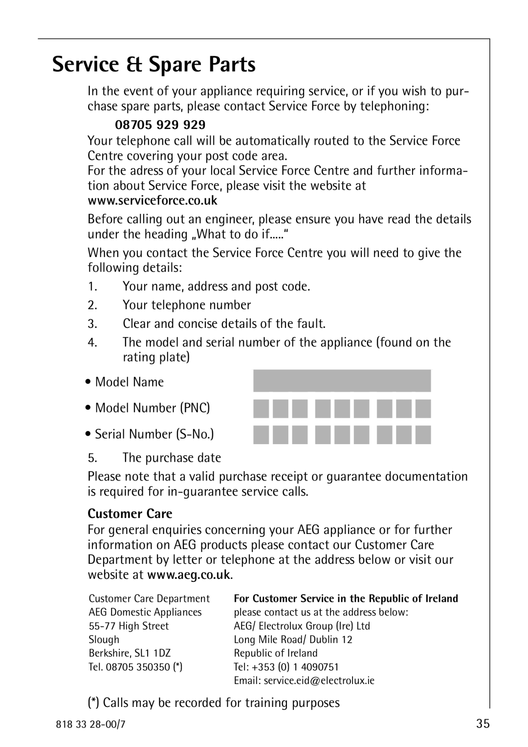 Electrolux 72348 KA manual Service & Spare Parts, Calls may be recorded for training purposes 