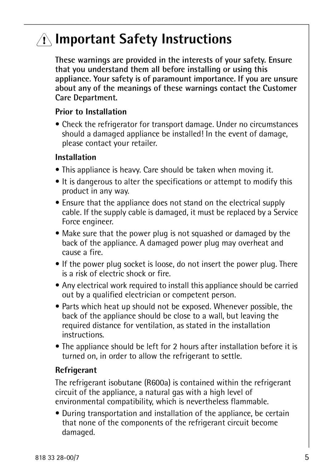 Electrolux 72348 KA manual Important Safety Instructions, Prior to Installation 