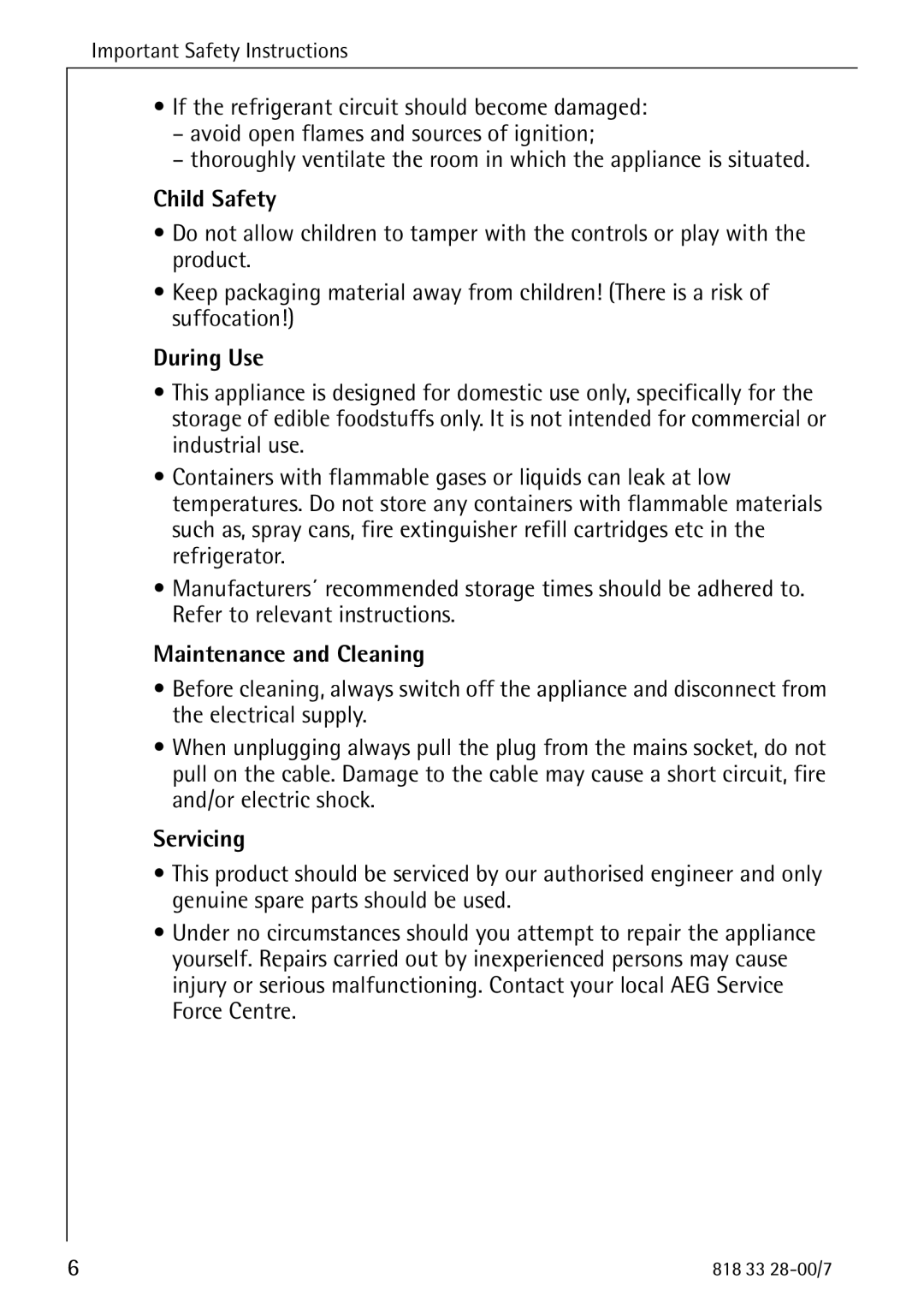 Electrolux 72348 KA manual Child Safety 