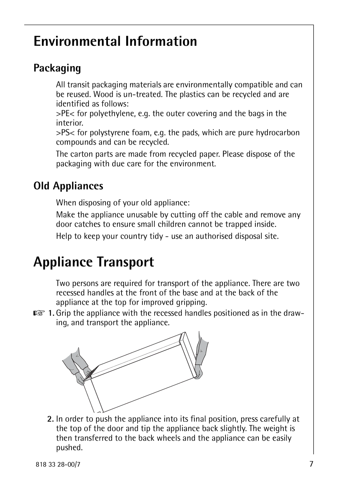 Electrolux 72348 KA manual Environmental Information, Appliance Transport, Packaging, Old Appliances 