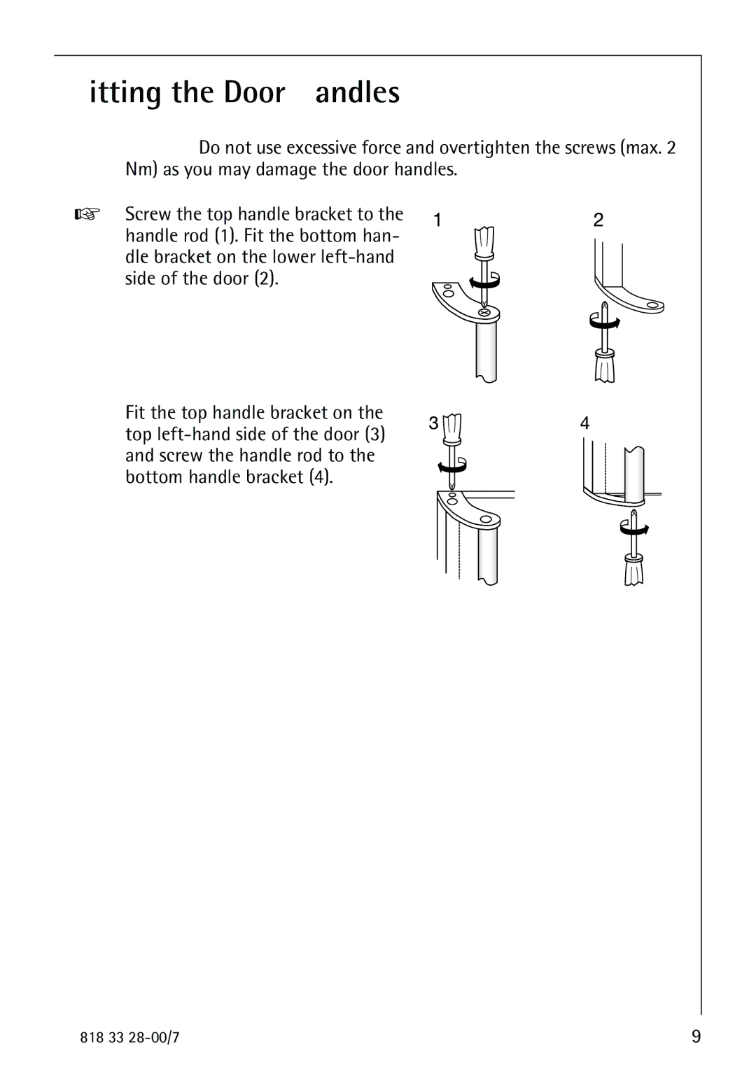 Electrolux 72348 KA manual Fitting the Door Handles 