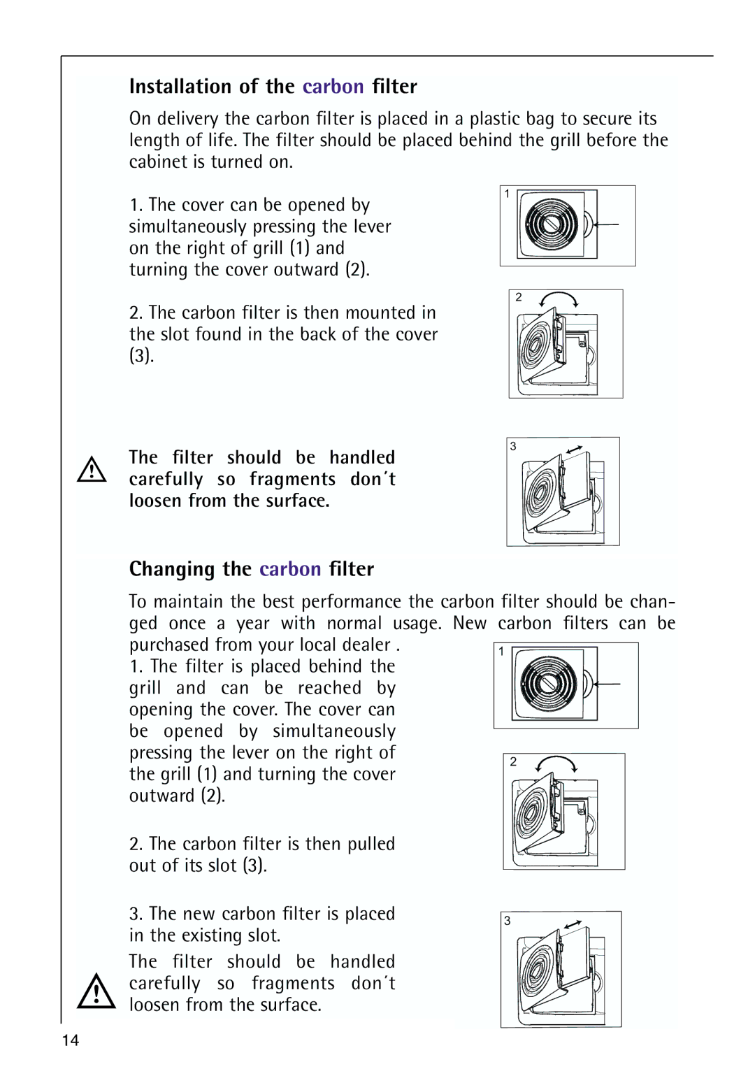 Electrolux 72398 KA user manual Installation of the carbon filter 