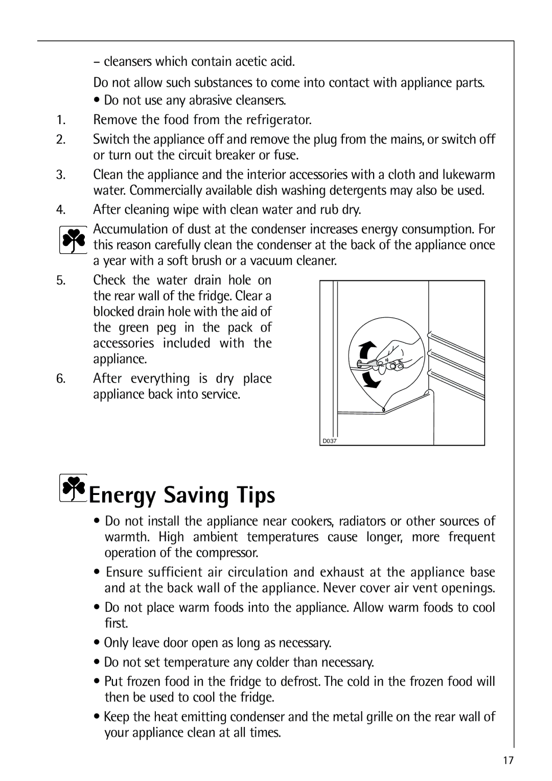 Electrolux 72398 KA user manual Energy Saving Tips, Cleansers which contain acetic acid 