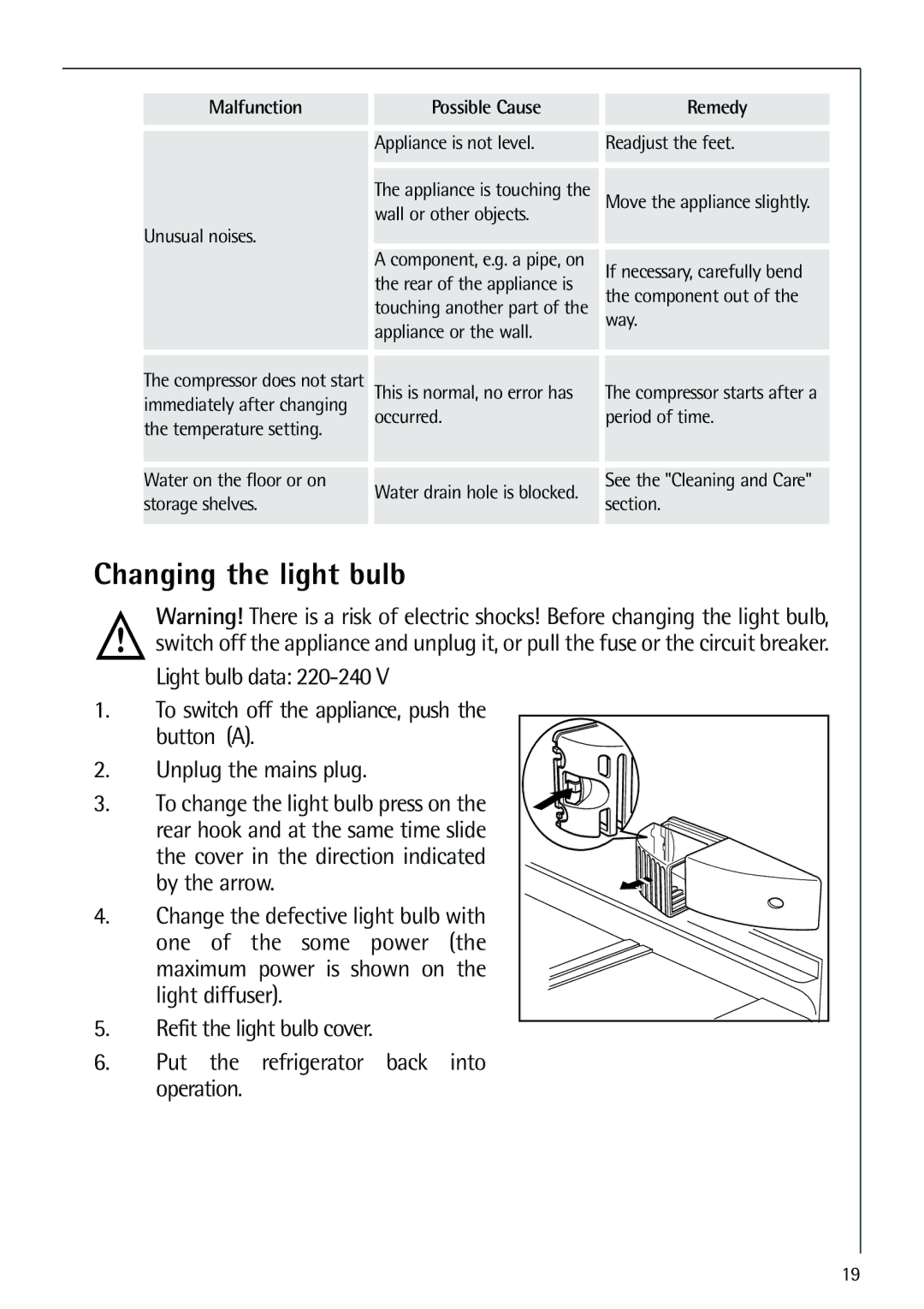 Electrolux 72398 KA user manual Changing the light bulb, Unusual noises 