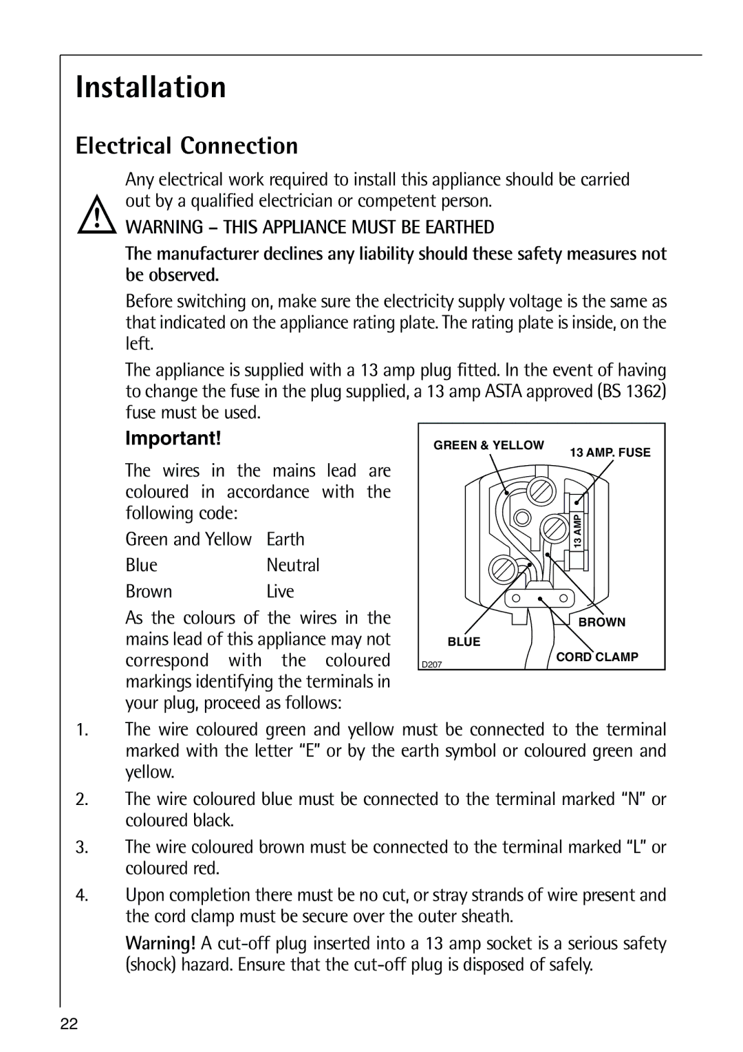 Electrolux 72398 KA user manual Installation, Electrical Connection 