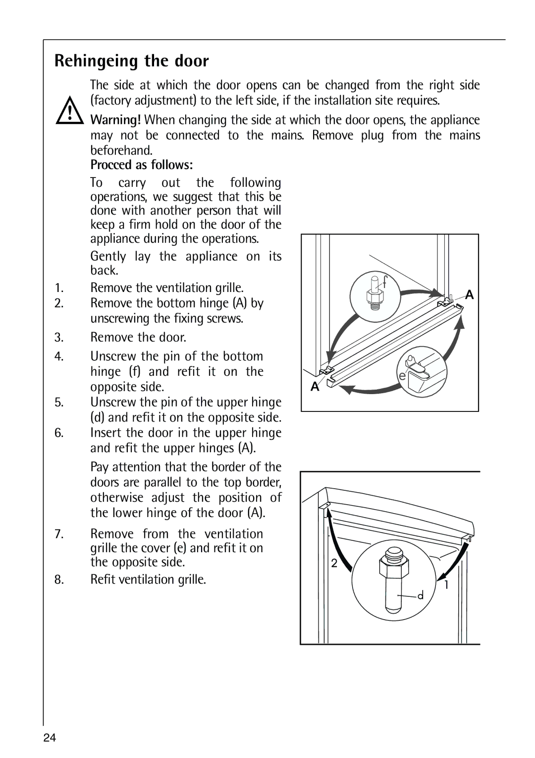 Electrolux 72398 KA user manual Rehingeing the door, Procced as follows, Opposite side Refit ventilation grille 