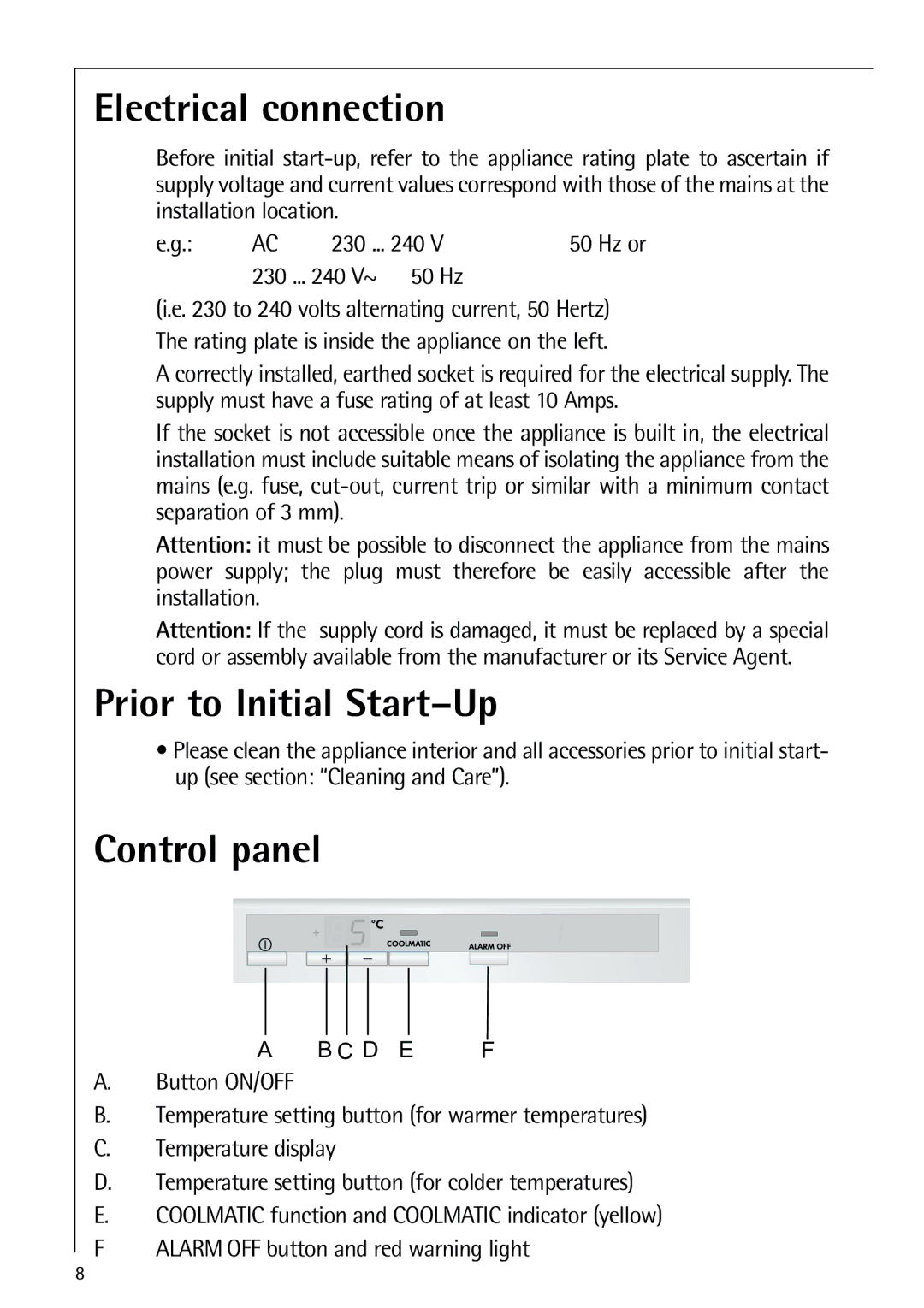 Electrolux 72398 KA user manual Electrical connection, Prior to Initial Start-Up, Control panel, 50 Hz 