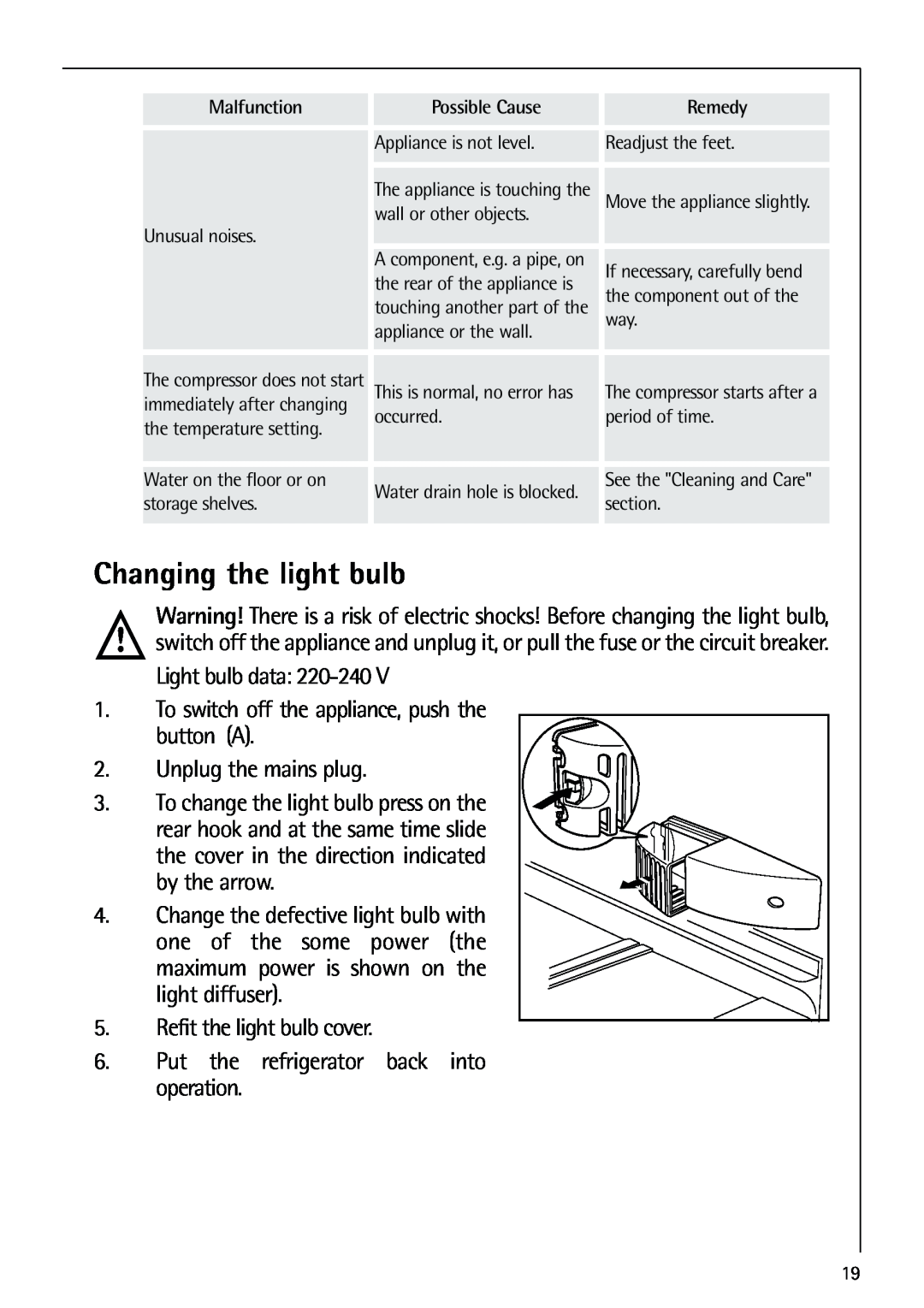 Electrolux 72398 KA user manual Changing the light bulb 